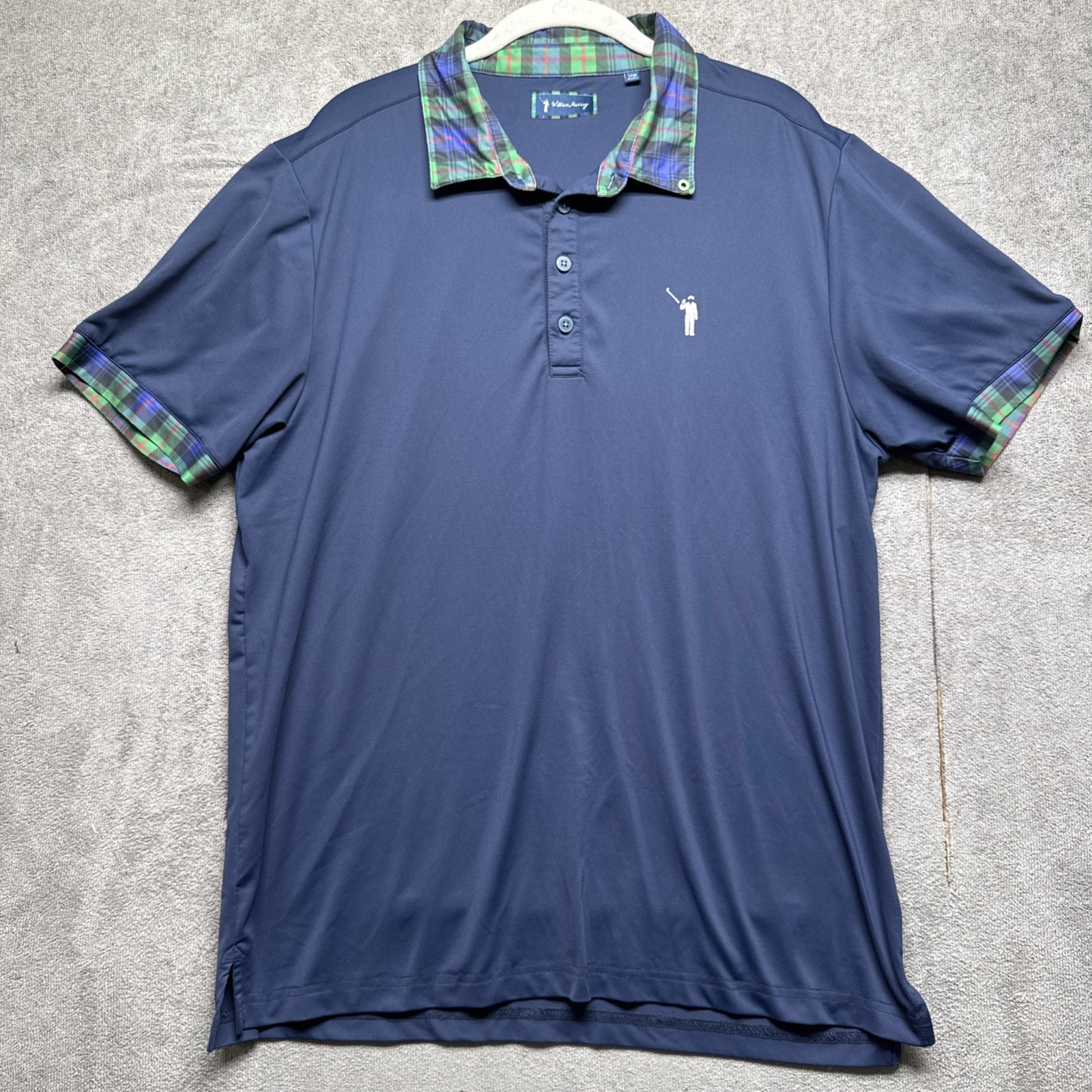 William Murray Golf Polo Mens Large Navy Blue Green Plaid Trim Preppy Style